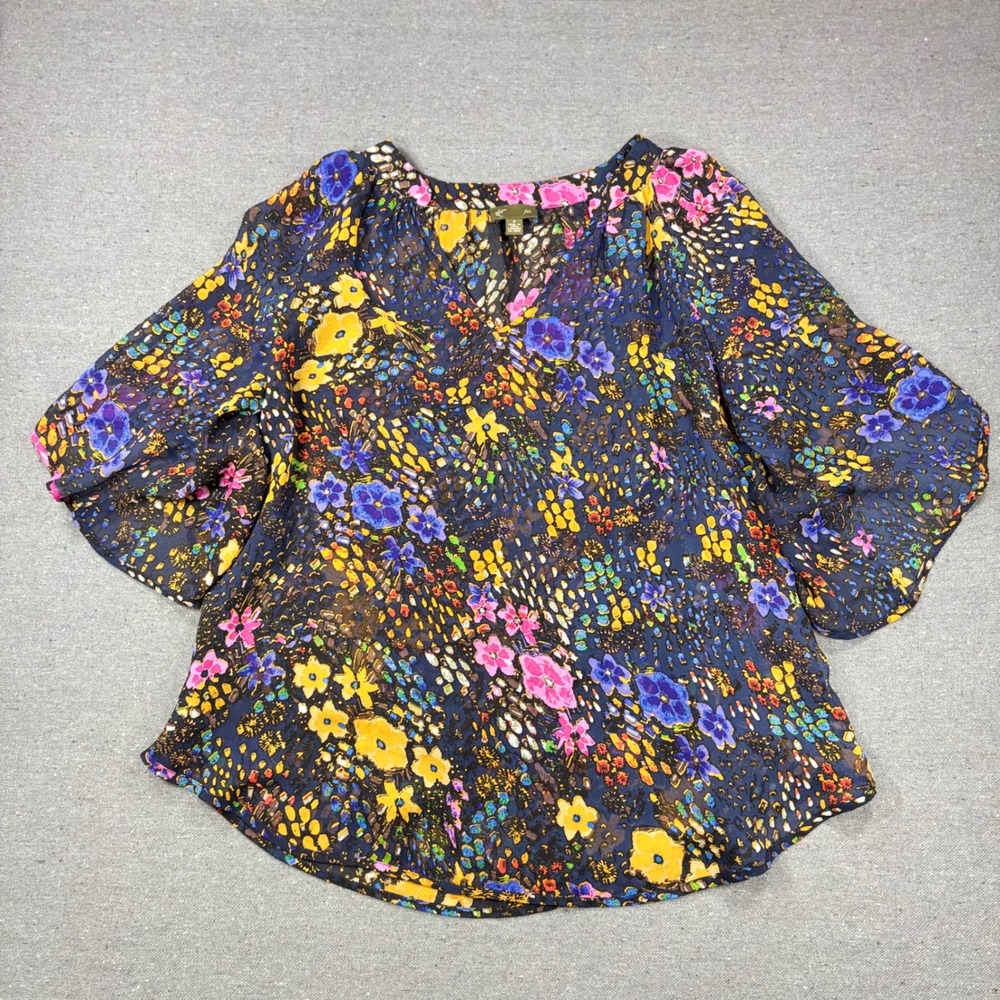 Fei Silk Blouse Women 4 Navy Blue Floral V-Neck Kimono Sleeve Anthropologie Top